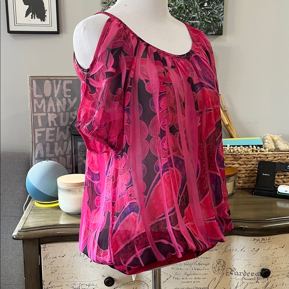 VTG BODY CENTRAL COLD SHOULDER SHORT SLEEVE ABSTRACT PRINT BLOUSE PINK PURP SZ M